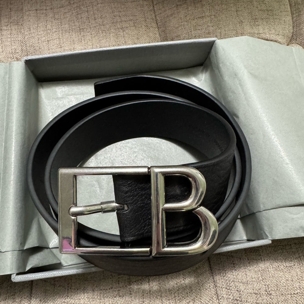 Men's Black Balenciaga Leather Belt with Silver Buckle